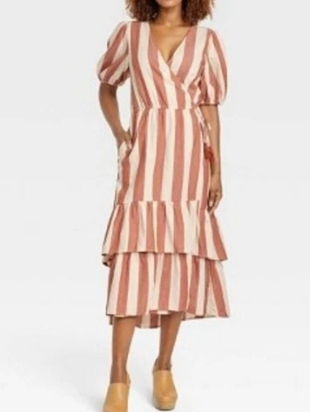 Knox Rose Boho Western Rust Cream Striped Puff Sleeve Ruffled Wrap Maxi Dress L